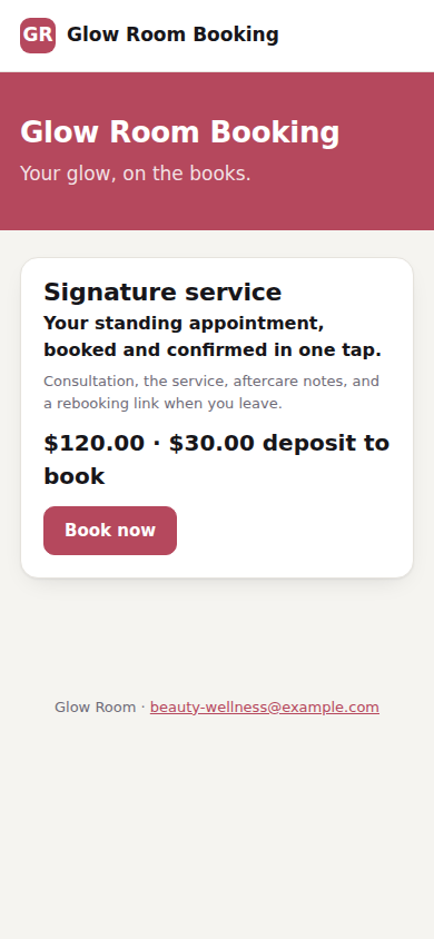 Glow Room Booking storefront